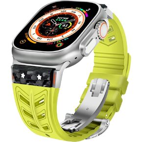 FKM Rubber Watch Band Compatible with Apple Watch Ultra 2 49mm 46mm 45mm 44mm, Luxury Men Rugged Strap with Carbon Fiber & Metal Connector for iWatch Series 10 9 8 7 6 5 4 SE