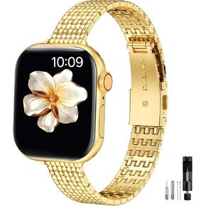 MioHHR Slim Metal Bands Compatible with Apple Watch Band 38mm 40mm 41mm 42mm(Series 10),Thin Stainless Steel Replacement Strap for Women iWatch Bands Series 9 8 7 6 5 4 SE 3 2 1,Gold
