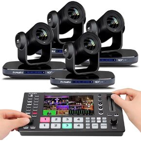 FoMaKo 60FPS 4K NDI PTZ Camera, 20X Optical Zoom, 4KP60 AI Auto-Tracking（4pcs, M4 Video Mixer Switcher, for Church Worship Education Conference Events,(K820N X4+M4)