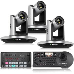 FoMaKo NDI Camera AI Auto Tracking HDMI PTZ Camera, 30x Optical Zoom(3pcs)+KC608N PTZ Controller+M1 Video Mixer Switcher, for Church Services Worship Education,PTZ Bundle(FMK30UH NDI X3+KC608N+M1)