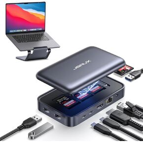 JSAUX Docking Station Dual Monitor & Stand, 12 in 1 USB C Hub 3 Monitors with 4K DP, 4K HDMI*2, USB 3.0*2, 100W PD, 1000Mbps LAN, SD/TF, Laptop Docking Station for MacBook/HP/Dell/Steam Deck/ROG Ally