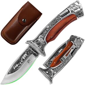 FULLHI 3.7" Folding Hunting Knives Lock-back Knife,retro style Black etching pattern, red sandalwood Handles, 7CR17MoV Blade (Red wood)