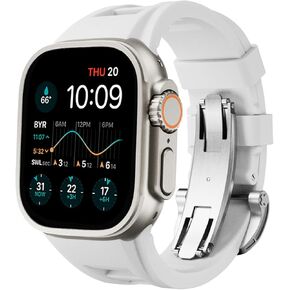 حزام سيليكون سائل رياضي مع مشبك فراشة لسلسلة iWatch 9/8/7/6/5/4/3/2/1/SE ، Ultra 2/Ultra 49mm 45mm 44mm 42mm ، Watch Mens Watch Luxury for Apple Watch (42 مم/44 مم/45 ملم ، أبيض)