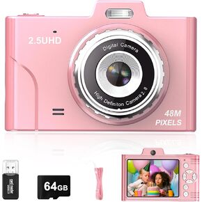 Digital Camera for Kids, 48MP 1080P FHD Camera with 64GB Card, 8X Digital Zoom Point and Shoot Digital Camera Compact Small Camera Gifts for Teens Students Children Kids Boys Girls(Pink)