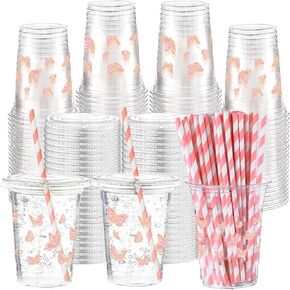 Honeydak 150 Pcs Western Cowboy Party Cups Set 50 Pcs 16 oz Red Bandana Clear Disposable Cups with 50 Lids and 50 Paper Straws Western Party Plastic Cups Decoration for Cowboy Birthday Party Supplies