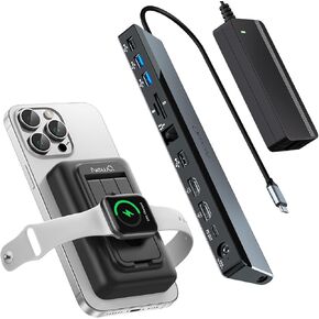 USB C Docking Station Dual Monitor with 96W Power Adapter + Portable Charger with Apple Watch Charging