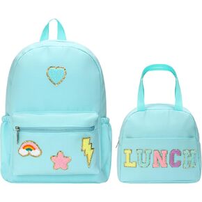 Pink School Backpack Set for Girls Preppy Book Backpack and Lunch Bag with Chenille Patches for Back to School Gift