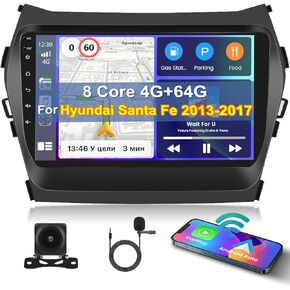 8 Core 4+64G Inefala for Hyundai Santa Fe 2013-2017 Android Car Radio Stereo with Wireless Carplay Android Auto, 9" Touch Screen with GPS WiFi BT5.0 FM/RDS 32EQ DSP 59UI SWC Backup Camera MIC