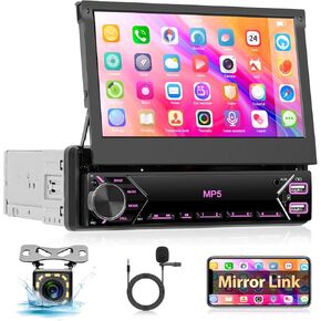 Single Din Car Stereo Audio with Carplay Android Auto 7" IPS Manual Retractable Touch Screen Foldable Car Radio Receiver Bluetooth FM EQ Mirror Link SWC Backup Camera Mic Support TF/USB/U Disk