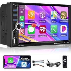 Podofo Double Din Car Stereo with Wireless Carplay Android Auto,7 Inch Touchscreen Car Radio with Bluetooth5.1,Voice Control,MirrorLink,FM Radio,GPS,WiFi,USB/TF/AUX Port+MIC