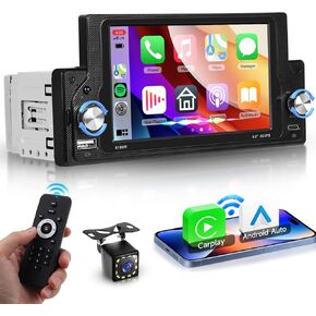 Single Din Car Stereo Wireless Carplay/Android Auto ، 5.9 "HD IPS Touchscreen Radio 720 * 1280 مع Bluetooth 5.0 ، SWC ، Type-C USB Charging+ Camera النسخ الاحتياطي