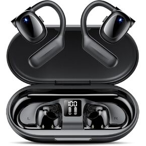 Open Ear Bluetooth 5.3 سماعات أذن ، سماعات الرأس اللاسلكية الرياضية على سماعات الأذن المدمجة 4 ميكروفون مع خطافات الأذن 75 ساعة بودس أذن LED علبة شحن ، IPX5 مقاومة للماء لتشغيل اللياقة البدنية