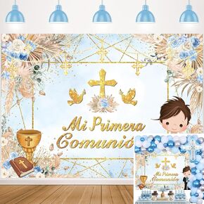 Mi Primera Comunión Baptism Backdrop for Girl First Holy Communion Christening Photography Background Boho Pink Floral God Bless Party Decorations Banner Photo Props (7x5FT)