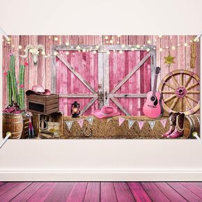 Moukeren 7 x 13 ft Large Western Party Backdrop Cowgirl Party Decorations Pink Wild West Background Decor Wooden House Barn Photo Banner Photoshoot Birthday Bridal Shower Wedding Supplies