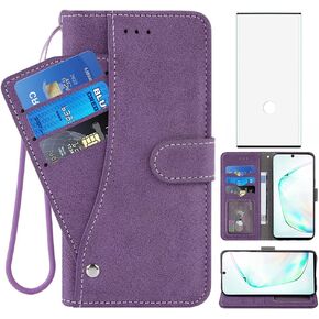 Compatible with Samsung Galaxy Note 10 Glaxay Note10 5G Wallet Case and Tempered Glass Screen Protector Flip Cover Credit Card Holder Cell Phone Cases for Gaxaly Notes 10s Ten Not S10 Women Men Purple