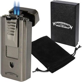 Hammersmith Delta Double-Flame Butane Torch Lighter for Cigars and Cigarettes, Refillable Lighters, Mini Torch with All-Metal Body, Flip-Out Punch Cutter, and Fuel Window - Gunmetal