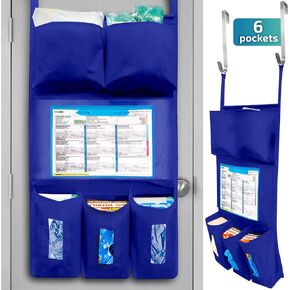 Personal Protective Equipment (PPE) Isolation Door Caddy, Nylon Oxford NFPA-701 Large Scale Flame Retardant Coating 18.5 X 31 Inch, Included 2 Hooks - Royal Blue (with Back Pockets)
