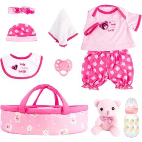 Aori 10 Pcs Reborn Baby Dolls Clothes Set with Pink Bassinet for 16-18 Inch Baby Doll, Carrier Bed and Baby Doll Clothes Outfit Accessories fit Newborn Baby Girl