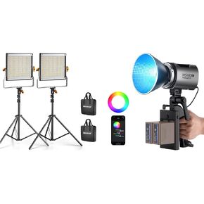 NEEWER 2 Packs Dimmable Bi-Color 480 LED Video Light and Stand Lighting Kit, 3200~5600K CRI 96+ LED Panel Lighting with MS60C 65W COB RGBWW LED Video Light for YouTube Photography