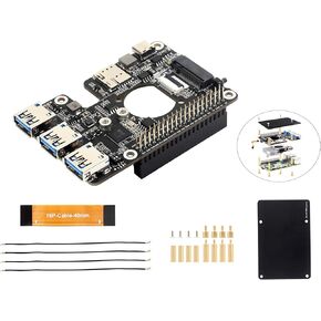 PCIe to M.2 4G/5G and USB3.2 HAT for Raspberry Pi 5, HAT+ Standard, Extends Three USB 3.2 Gen1 Ports,Compatible with Multiple 4G/5G Modules with M.2 Key B Interface, Comes with 5G-4IN1-PCB Antenna
