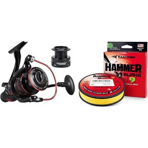 KastKing Sharky Baitfeeder III Spinning Fishing Reel,Size 5000, KastKing Hammer Alpha 9 Braided Fishing Line, Yellow, 20LB, 150Yds, 9 Strands