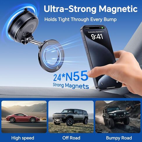 Vacuum Suction Cup Magnetic Phone Holder, Upgraded 360° Adjustable Magnetic Suction Cup Phone Mount for Car/Gym/Mirror/Smooth Surface, for iPhone, Android Smartphones(Black) in Saudi Arabia