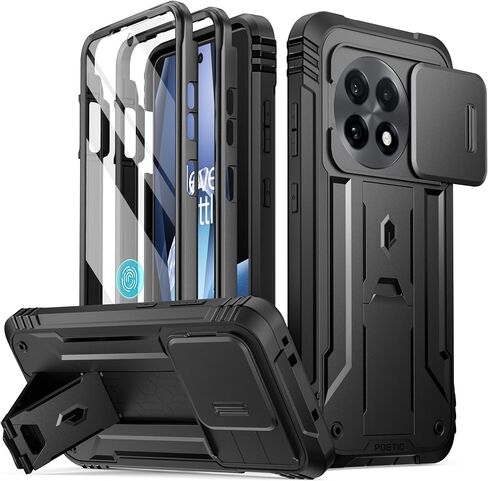 Poetic Revolution Case for OnePlus 13R 5G, [Slide Camera Cover], Built-in Screen Protector [Work with Fingerprint ID], [2 Front Frame] Full Body Rugged Shockproof Case with Kickstand, Black in Saudi Arabia