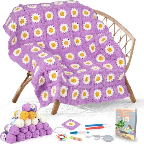 Aeelike Crochet Kit for Beginners, Granny Squares Crochet Blanket Kit Learn to Crochet Kit with Enough Yarn Detailed Instruction, Complete Crochet Starter Kit for Blanket, Easy Yarn Kit in Saudi Arabia