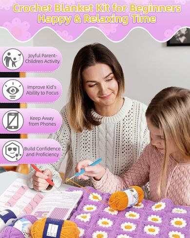 Aeelike Crochet Kit for Beginners, Granny Squares Crochet Blanket Kit Learn to Crochet Kit with Enough Yarn Detailed Instruction, Complete Crochet Starter Kit for Blanket, Easy Yarn Kit in Saudi Arabia