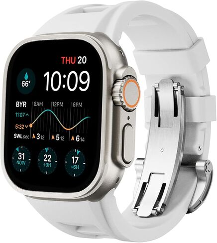 Sports Liquid Silicone Strap with Butterfly Buckle for Iwatch Series 9/8/7/6/5/4/3/2/1/SE,Ultra 2/Ultra 49mm 45mm 44mm 42mm,Luxury Mens Watch Band for Apple Watch (42mm/44mm/45mm/49mm, White) in Saudi Arabia