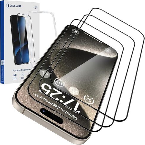 واقي شاشة SYNCWIRE لهاتف iPhone 15 Pro Max 3 Pack، تغطية كاملة من الزجاج المقسى بدرجة عسكرية لهاتف iPhone 15 Pro Max [صلابة 9H] [خالية من الفقاعات] [99.99٪ HD] [إطار سهل التثبيت] - 6.7 بوصة in Kuwait