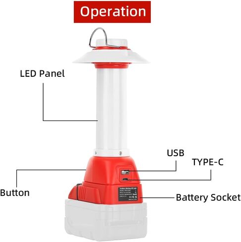 8w 800lm Lantern for Milwaukee 18V M18 Li-ion Outdoor Camping Lantern مع Hook ، OUTB & Type-C ، ضوء الطوارئ ، مثالي للتخييم ، المشي لمسافات طويلة ، والأنشطة الخارجية (أداة فقط) in Saudi Arabia