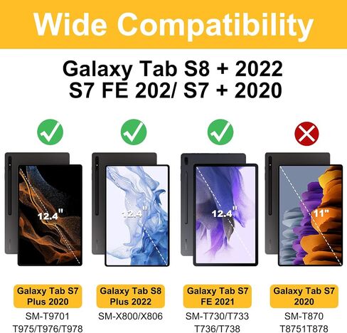 Case for 12.4" Samsung Galaxy Tab S7 FE 5G/S8 Plus/S7 Plus with S Pen Holder, Hard PC Back, Shock Proof Stand Folio Protective Tablet Cover, for Tab S8+ 2022/S7 FE 2021/S7+ 2020 (Black) in Saudi Arabia