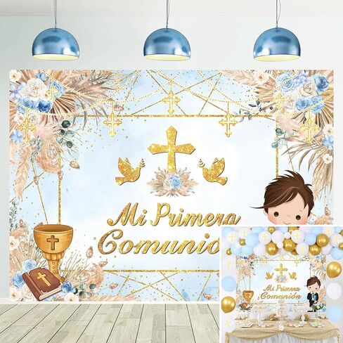 Mi Primera Comunión Baptism Backdrop for Girl First Holy Communion Christening Photography Background Boho Pink Floral God Bless Party Decorations Banner Photo Props (7x5FT) in Kuwait