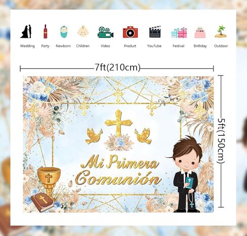Mi Primera Comunión Baptism Backdrop for Girl First Holy Communion Christening Photography Background Boho Pink Floral God Bless Party Decorations Banner Photo Props (7x5FT) in Kuwait