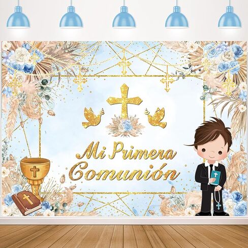 Mi Primera Comunión Baptism Backdrop for Girl First Holy Communion Christening Photography Background Boho Pink Floral God Bless Party Decorations Banner Photo Props (7x5FT) in Kuwait