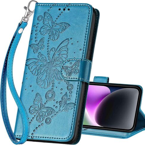 for iPhone 15 Wallet case, Flip Folio Cover with Stand Feature for Women Men, PU Leather Phone Case Fit for iPhone 15 6.1'' [Blue-Butterfly] in Saudi Arabia