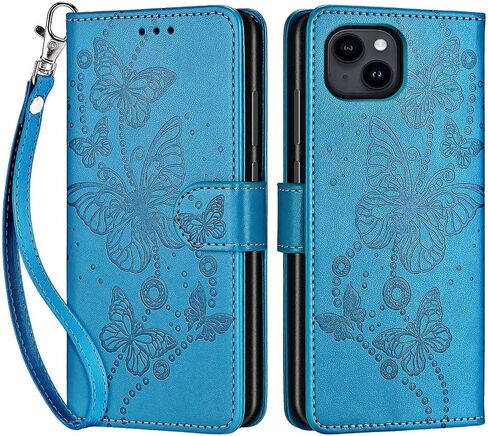 for iPhone 15 Wallet case, Flip Folio Cover with Stand Feature for Women Men, PU Leather Phone Case Fit for iPhone 15 6.1'' [Blue-Butterfly] in Saudi Arabia