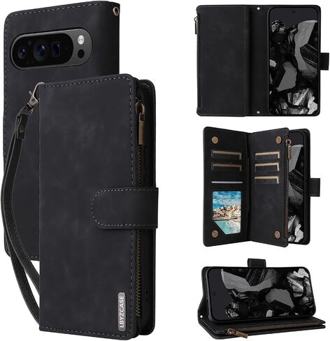 LBYZCASE Phone Case for Google Pixel 9/Pixel 9 Pro 5G 2024 with RFID Blocking Credit Card Holder and Wrist Strap,Flip Folio Leather Wallet Protective Cover for Pixel 9 Pro,Wine Red in Saudi Arabia