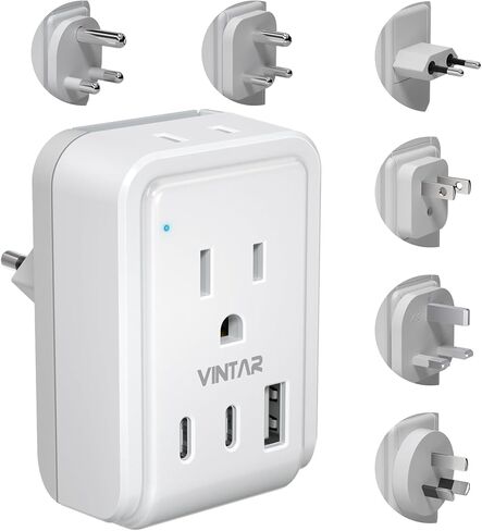 مجموعة محول السفر العالمية ، محول المكونات الدولية فينتار مع 3 منافذ USB (2 USB C ، 3.4A) و 2 منافذ أمريكية ، النوع A ، C ، G ، D ، I ، M مرفقات قابلة للفصل ، محول للولايات المتحدة/الاتحاد الأوروبي/المملكة المتحدة/الهند/AUS/AFRIAN in Saudi Arabia