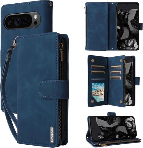 LBYZCASE Phone Case for Google Pixel 9/Pixel 9 Pro 5G 2024 with RFID Blocking Credit Card Holder and Wrist Strap,Flip Folio Leather Wallet Protective Cover for Pixel 9 Pro,Wine Red in Saudi Arabia