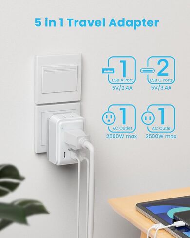 مجموعة محول السفر العالمية ، محول المكونات الدولية فينتار مع 3 منافذ USB (2 USB C ، 3.4A) و 2 منافذ أمريكية ، النوع A ، C ، G ، D ، I ، M مرفقات قابلة للفصل ، محول للولايات المتحدة/الاتحاد الأوروبي/المملكة المتحدة/الهند/AUS/AFRIAN in Saudi Arabia