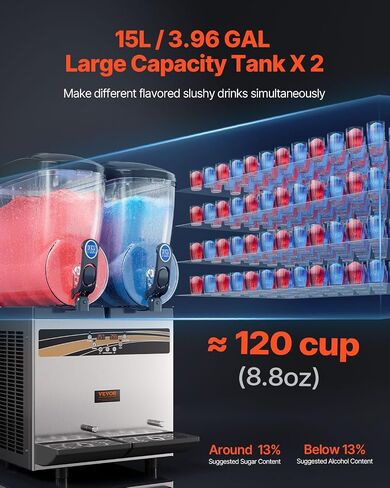 VEVOR Commercial Slushy Machine, 15Lx2 Tank Margarita Maker, 1000W Stainless Steel Smoothie Frozen Drink Maker for Supermarkets Cafés Restaurants Bars Home Use in Saudi Arabia
