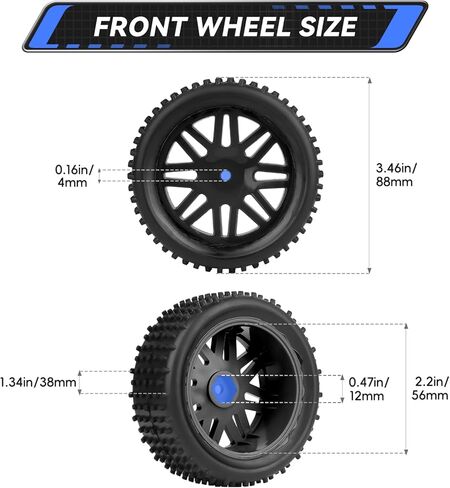 Preglued 12mm Hex Wheel Rims Rubber Tires with Foam Inserts OD 86mm/3.38" for Traxxas Bandit WLtoys 144001 Redcat 1/10 RC Off-Road Buggy Car, Set of 4 (Color C) in Kuwait