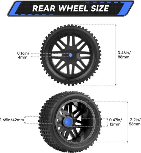 Preglued 12mm Hex Wheel Rims Rubber Tires with Foam Inserts OD 86mm/3.38" for Traxxas Bandit WLtoys 144001 Redcat 1/10 RC Off-Road Buggy Car, Set of 4 (Color C) in Kuwait