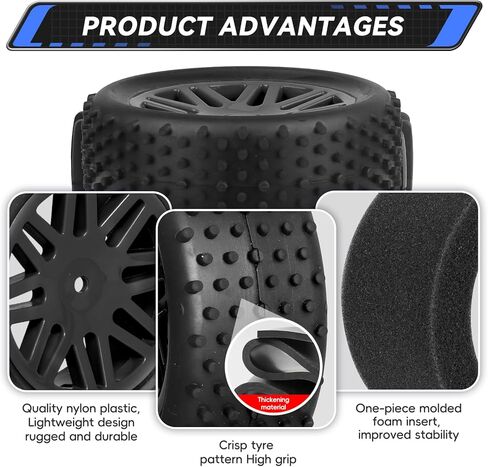 Preglued 12mm Hex Wheel Rims Rubber Tires with Foam Inserts OD 86mm/3.38" for Traxxas Bandit WLtoys 144001 Redcat 1/10 RC Off-Road Buggy Car, Set of 4 (Color C) in Kuwait