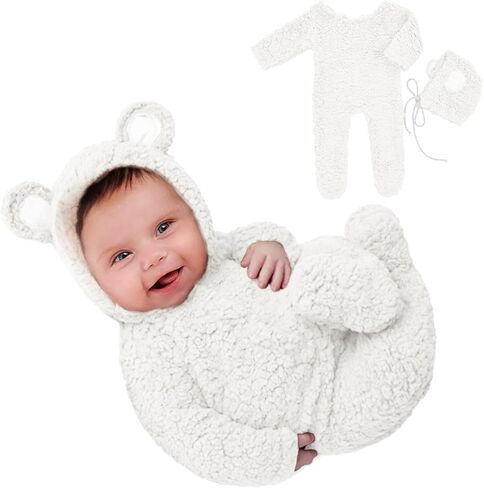 Kunyeah Baby Fleece Photo Photography Prop Outfits Infant Bear Bodysuit with Hat Newborn Photo Prop Romper for 0-3 Months in Kuwait