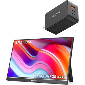 ARZOPA 16.1“ Portable Monitor with Built-in Stand and 65W 3 Ports USB Fast Charger Bundle