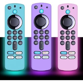 [3 Pack] Firestick Remote Cover 3rd Gen with Alexa Voice Remote 4K,Fire TV Stick Cover Glow in The Dark,Anti Slip Shockproof Silicone Protective Case with Lanyard(Glow Purple&Pink&Blue)