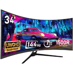 34 Inch Ultrawide Curved 144Hz Gaming Computer Monitor 1500R PC Screen、21:9 UWQHD (3440x1440),Adaptive Sync,178° Viewing Angle,Display Port、HDMI,Compatible with Wall mounting - Black